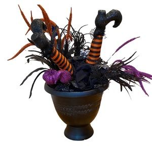 NWT Halloween Centerpiece Urn Witches Legs Spider Handmade Orange Black Purple